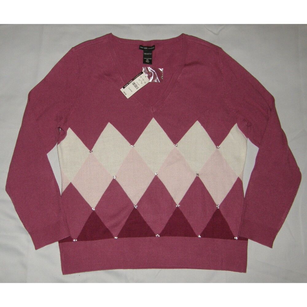 NEW YORK & COMPANY Preppy Argyle Sz XL Stretchy Lightweight Sequined Sweater NWT